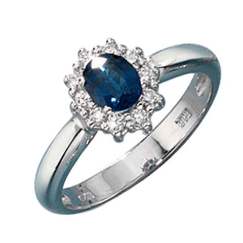 Damen Ring 585 Gold Weißgold 1 Safir blau 10 Diamanten Brillanten Goldring