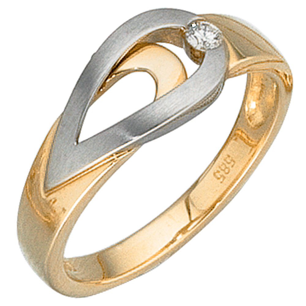 Damen Ring 585 Gold Gelbgold Weißgold bicolor matt 1 Diamant