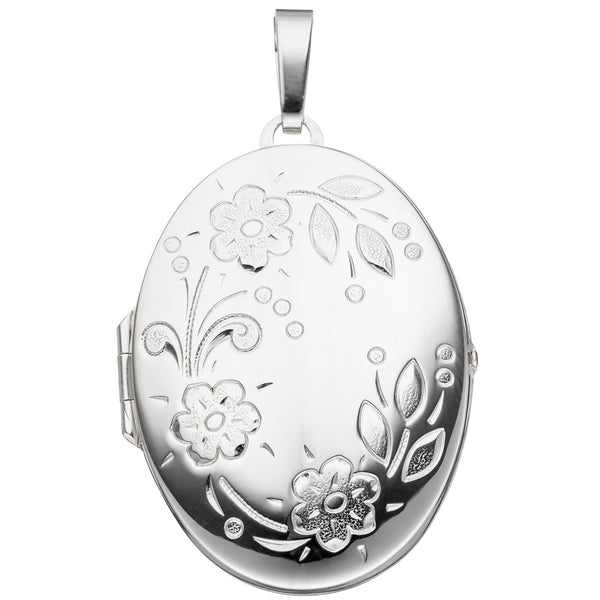 Medaillon oval Blumen für 2 Fotos 925 Sterling Silber Anhänger zum öffnen