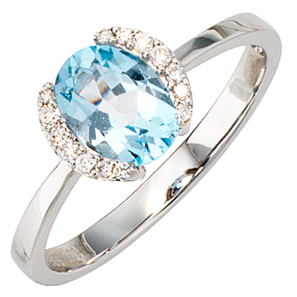 Damen Ring 585 Gold Weißgold 1 Blautopas hellblau blau 14 Diamanten Brillanten