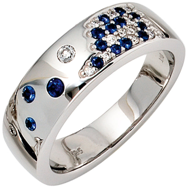 Damen Ring 585 Gold Weißgold 13 Diamanten Brillanten 0,10ct. 15 Safire blau