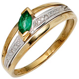 Damen Ring 585 Gold Gelbgold bicolor 1 Smaragd grün 2 Diamanten Smaragdring
