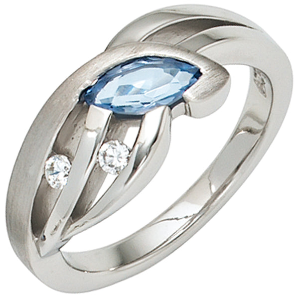 Damen Ring 925 Sterling Silber mattiert mit Zirkonia hellblau blau Silberring