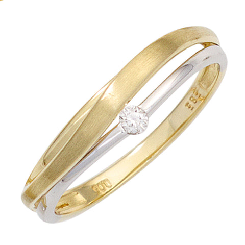 Damen Ring 585 Gold Gelbgold Weißgold bicolor matt 1 Diamant Brillant Goldring