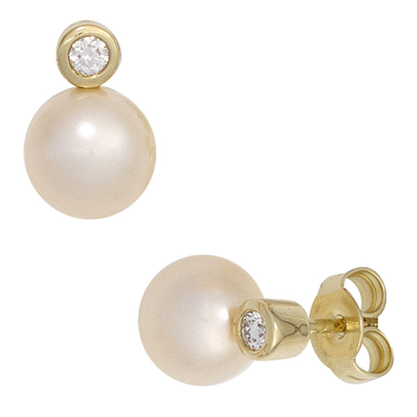 Ohrstecker 585 Gelbgold 2 Süßwasser Perlen 2 Diamanten Brillanten Ohrringe