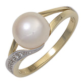 Damen Ring 585 Gold Gelbgold 1 Süßwasser Perle 6 Diamanten Brillanten Perlenring