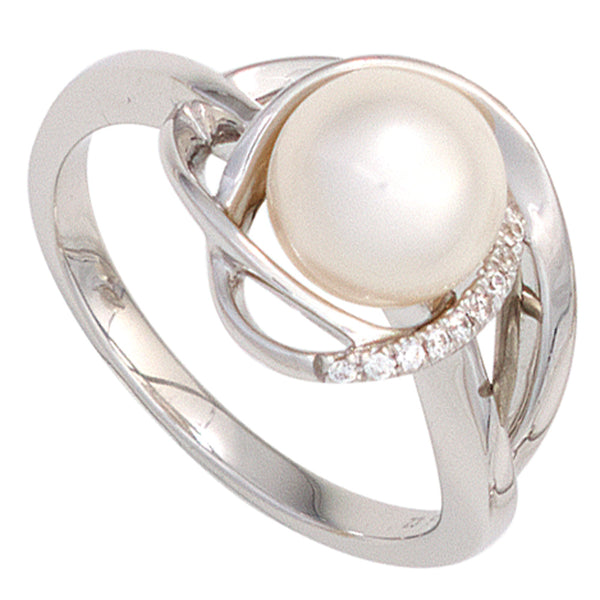 Damen Ring 585 Gold Weißgold 1 Süßwasser Perle 9 Diamanten Brillanten Goldring