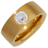 Damen Ring breit Edelstahl gold vergoldet matt mit Kristallstein
