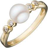 Damen Ring 333 Gold Gelbgold 1 Süßwasser-Perle 4 Zirkonia Goldring Perlenring