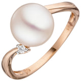 Damen Ring 585 Rotgold 1 Süßwasser Perle 1 Diamant Brillant Perlenring