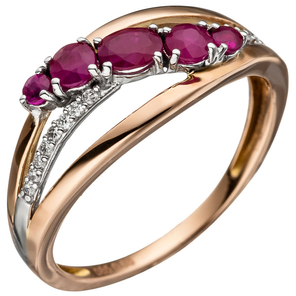 Damen Ring 585 Gold Rotgold 5 Rubine rot 16 Diamanten Brillanten Rubinring