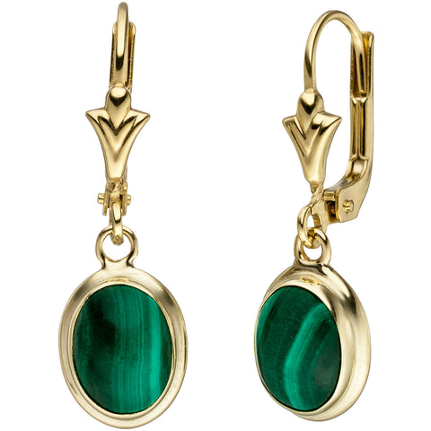 Ohrhänger oval 585 Gold Gelbgold 2 Malachite grün Ohrringe Goldohrringe