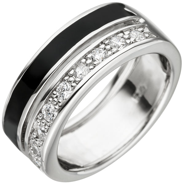 Damen Ring 925 Sterling Silber 9 Zirkonia schwarze Lackeinlage Silberring