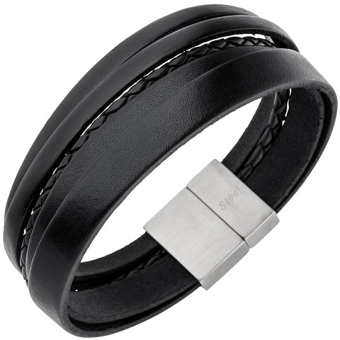 Herren Armband 5-reihig Leder schwarz geflochten Edelstahl 21 cm Herrenarmband