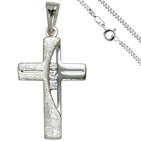 Anhänger Kreuz 925 Silber 3 Zirkonia Kreuzanhänger Silberkreuz mit Kette 60 cm