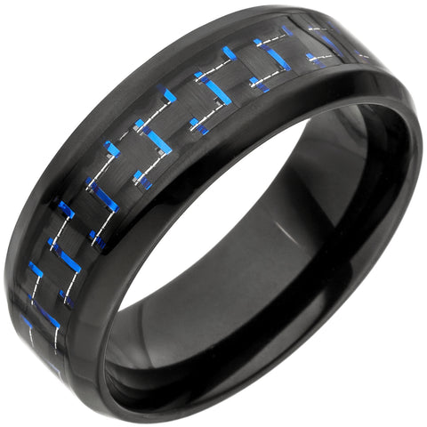 Herren Ring Edelstahl schwarz beschichtet mit Carbon Einlage blau