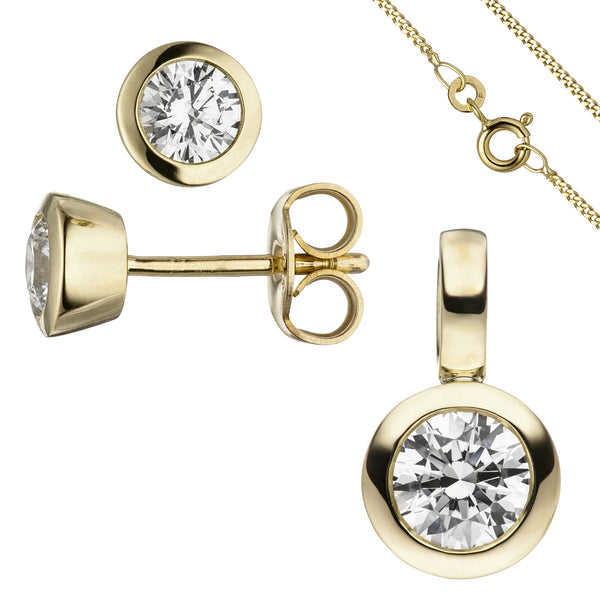 Schmuck-Set 333 Gold Gelbgold 3 Zirkonia Ohrstecker und Kette 42 cm