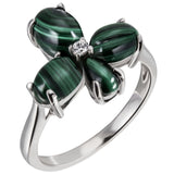 Damen Ring Blume 925 Sterling Silber 4 Malachit-Cabochons grün 1 Zirkonia
