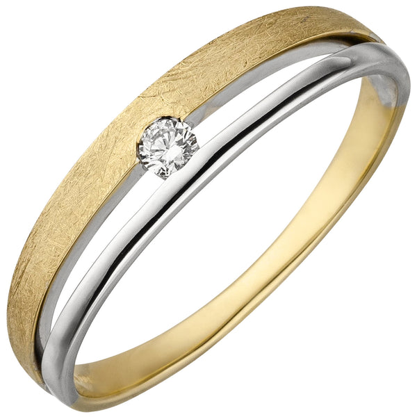 Damen Ring 585 Gold Gelbgold Weißgold bicolor eismatt 1 Diamant Brillant