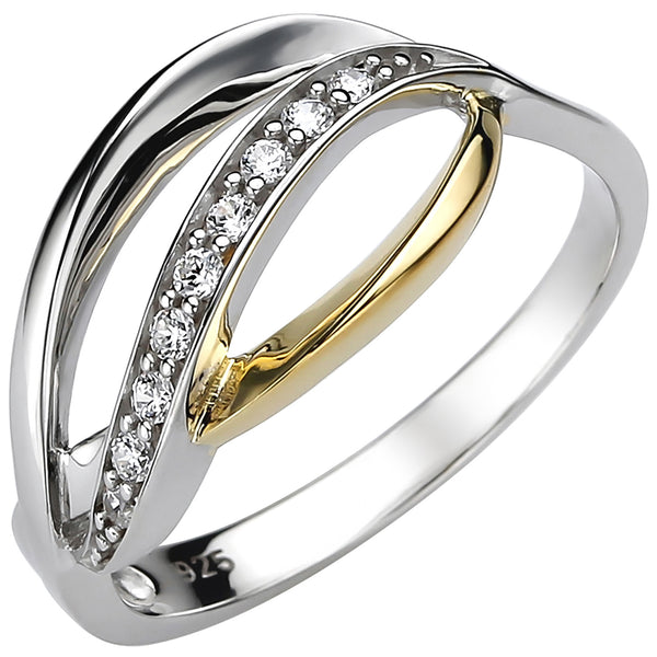 Damen Ring 925 Sterling Silber bicolor vergoldet 9 Zirkonia Silberring