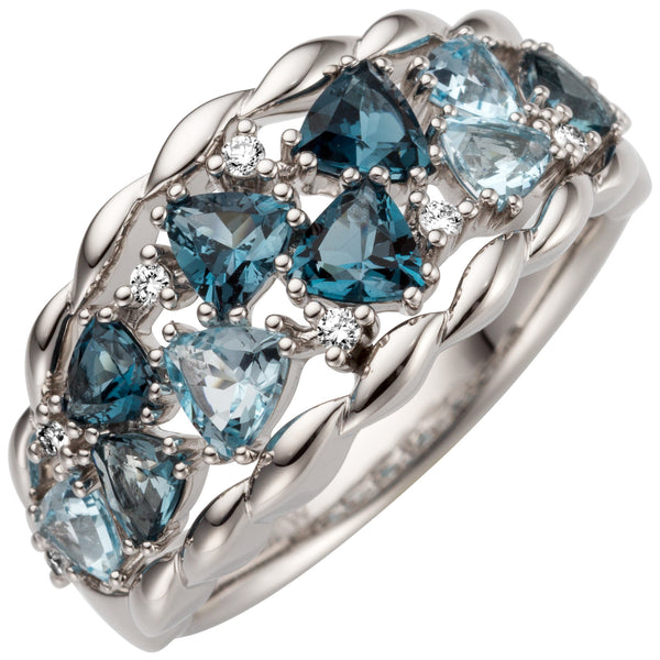 Damen Ring 585 Weißgold 10 Blautopase hellblau blau 8 Diamanten Brillanten